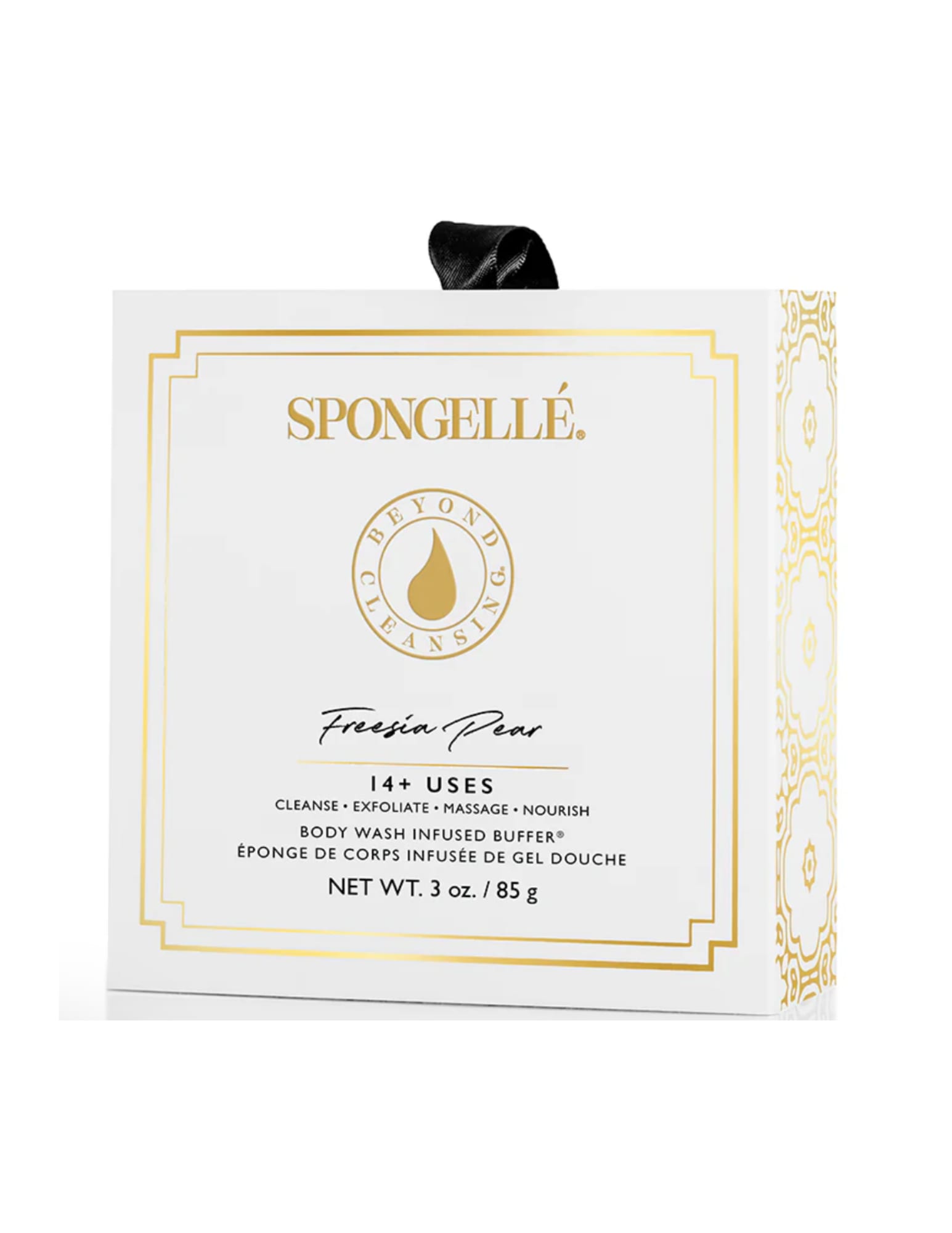 FREESIA PEAR SPONGELLE | BATH SPONGE - Fragrance Notes Top: Lemon, Grapefruit, Pear Middle: Freesia, Peony, Floral Bouquet Base: Woody, Musk, Amber Patented technology ensures a minimum of 14+ washes. Rinse and squeeze out excess water after each use. The sponge can be re-purposed after complete use.