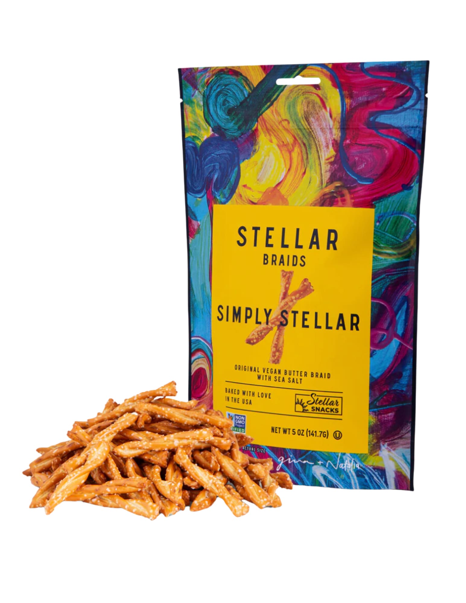 STELLAR PRETZEL BRAIDS - SIMPLY STELLAR 5 OZ BAG - Classic pretzels with a wholesome twist. Simply Stellar pretzel braids are infused with naturally rich vegan butter and sprinkled with the perfect pinch of sea salt. Delicious on their own or paired with your favorite dip, these vegan pretzels are a canvas for flavor.