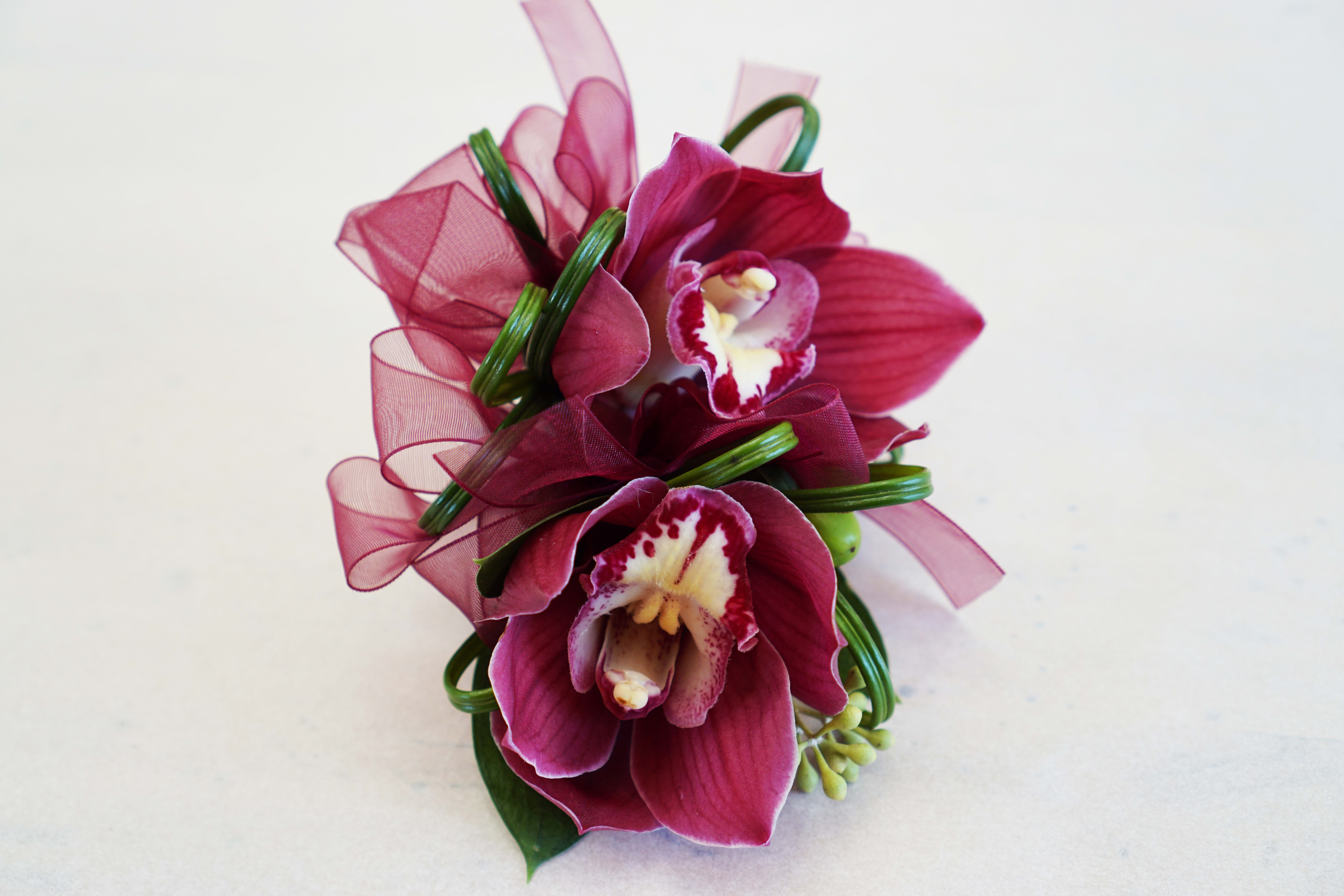 Burgandy Orchid Corsage Burgandy Orchid Corsage - Burgundy Cymbidium Orchid, greenery, filler. All of our corsages include a wrist bracelet to wear the corsage.