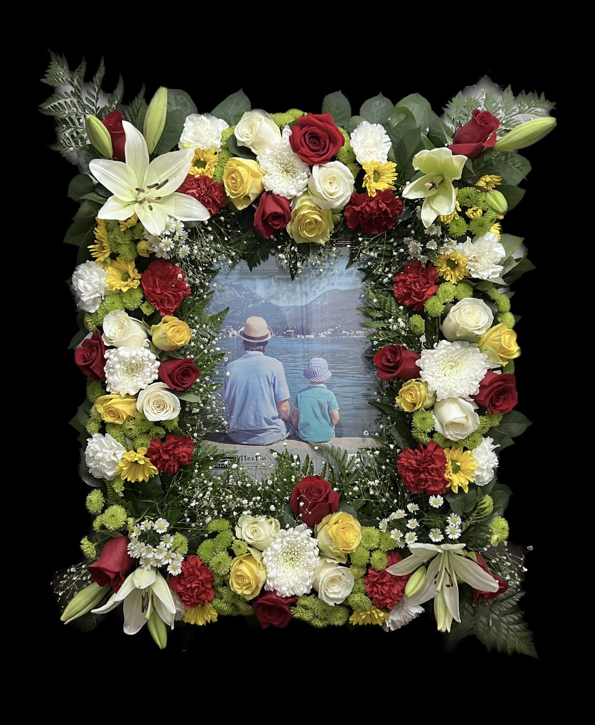 Funeral picture arrangement - Red, Yellow and White Funeral picture arrangement (15x17 frame size)