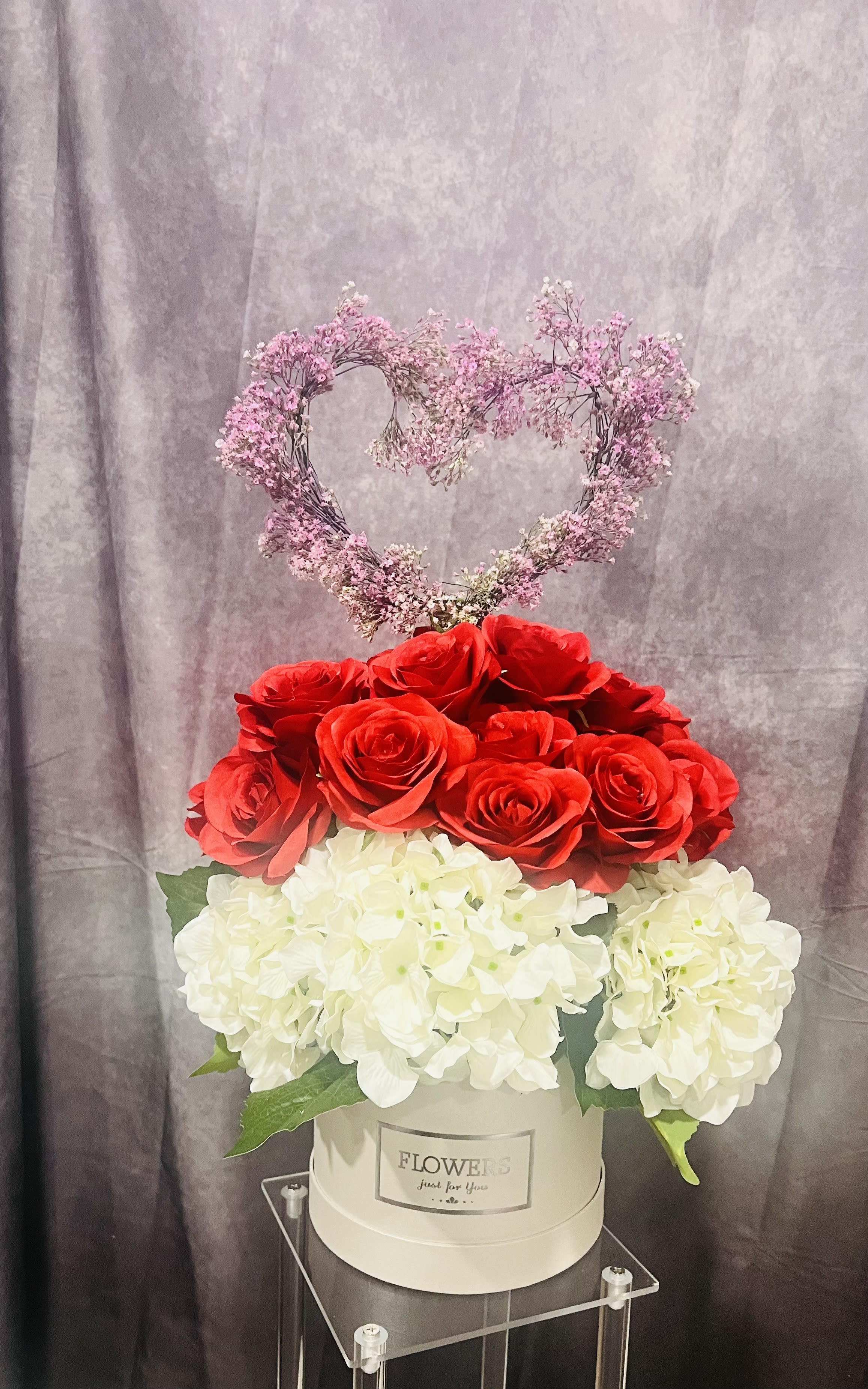 Heart topping my love  (Faux Flowers design) -  (Faux Flowers design) Special design to give your special someone an awww!  Box color may be varied depending on availability 