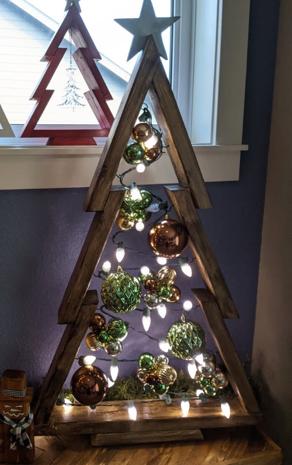 DIY Wood Tree Class — Wed, Dec 3rd at 6:30 pm - $50 per person • Everything supplied! Choose your color in advance (white / green / brown), then we’ll add lights &amp; ornaments for that cozy, handmade look. Bring a friend—and create something you’ll love all holiday season!