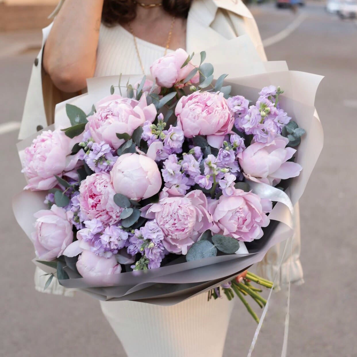 № 25 - THE PHOTO SHOWS THE DELUXE SIZE. - Bouquet of pink Peonies an lavender Stock.  Standard size - 7 peonies  Deluxe size - 11 peonies  Premium size - 15 peonies   THE PHOTO SHOWS THE DELUXE SIZE.
