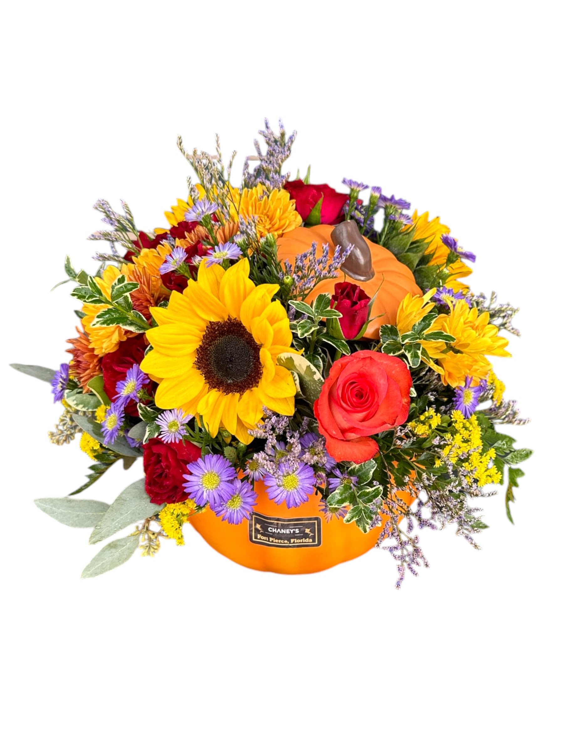 Chaney´s Pumpkin 1003 (fresh cut flower arrangement) Chaney´s Pumpkin 1003 (fresh cut flower arrangement) - a perfect fall arrangement: Loads of fresh cut flowers mixed in cheerful colors arranged in a ceramic pumpkin pot.