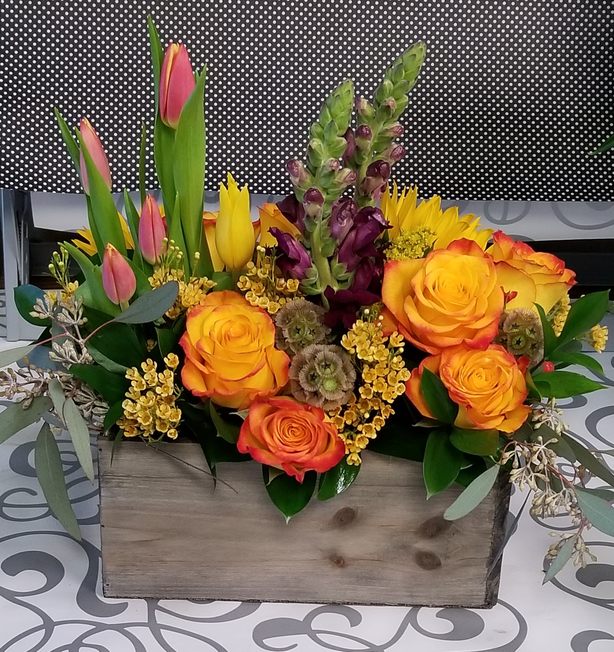 Bright Seasons - This arrangement is appropriate anytime of the year, with many flowers and varieties of texture to please everyone. Stems will vary depending on availability. Want a different color just let us know in special instructions.. We will do are best with any special requests. 