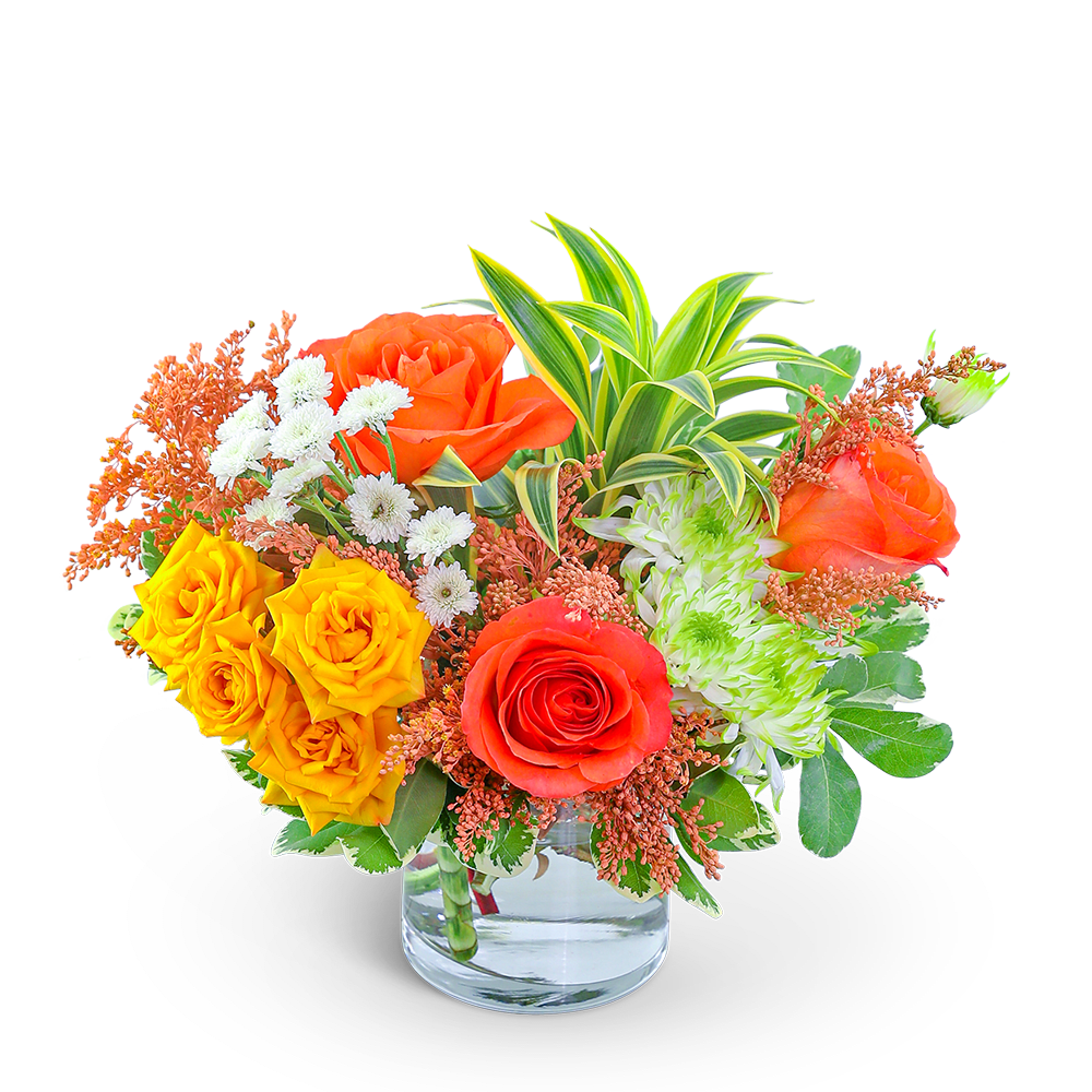 Key West - The vibrant tropical shades in this bouquet will brighten anyone’s day! Key West features Roses, Mums, Solidago, and is accented with premium foliage. This arrangement will be a perfect gift for a new baby, birthday, or any occasion. The Key West Bouquet of flowers offers the perfect mix of color, texture, and aroma to make any celebration truly memorable!