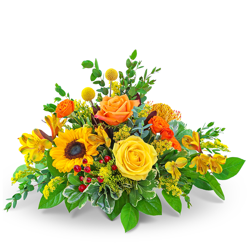 Fresh Thyme Centerpiece - The table is guaranteed to sparkle with the rich beauty of our Fresh Thyme Centerpiece. It is a beautiful hand-arranged table centerpiece that will deliver sunlit happiness to someone's tablescape. It has a mix of colorful Fall blooms, like Roses, Sunflowers, Pincushion Protea, Craspedia, Alstroemeria, and premium foliage. This elegant centerpiece is sure to bring beauty and elegance to your Thanksgiving table.