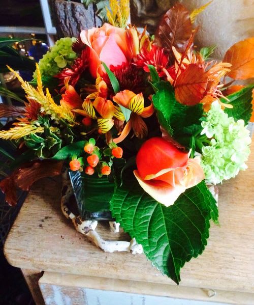 Fall Mix 5&quot; Cube - Lovely fall mix that includes cherry brandy roses, hydrangeas, and hypericum berries.