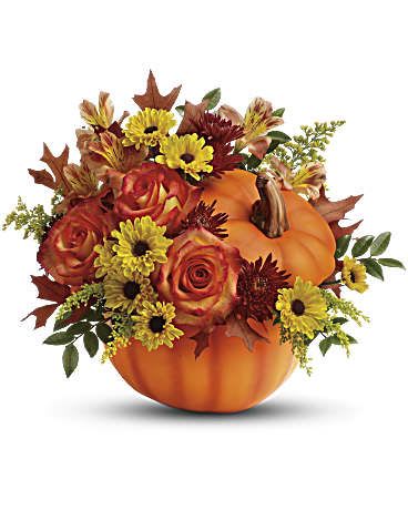 Warm Fall Wishes Bouquet  - Celebrate the beauty of fall with this colorful, heartwarming mix of roses and alstroemeria, hand-delivered in our classic ceramic pumpkin. Includes a lush mix of orange roses, orange alstroemeria, burgundy cushion chrysanthemums, yellow daisy chrysanthemums, solidago, huckleberry and oak leaves. Delivered in a exclusive ceramic pumpkin with lid.