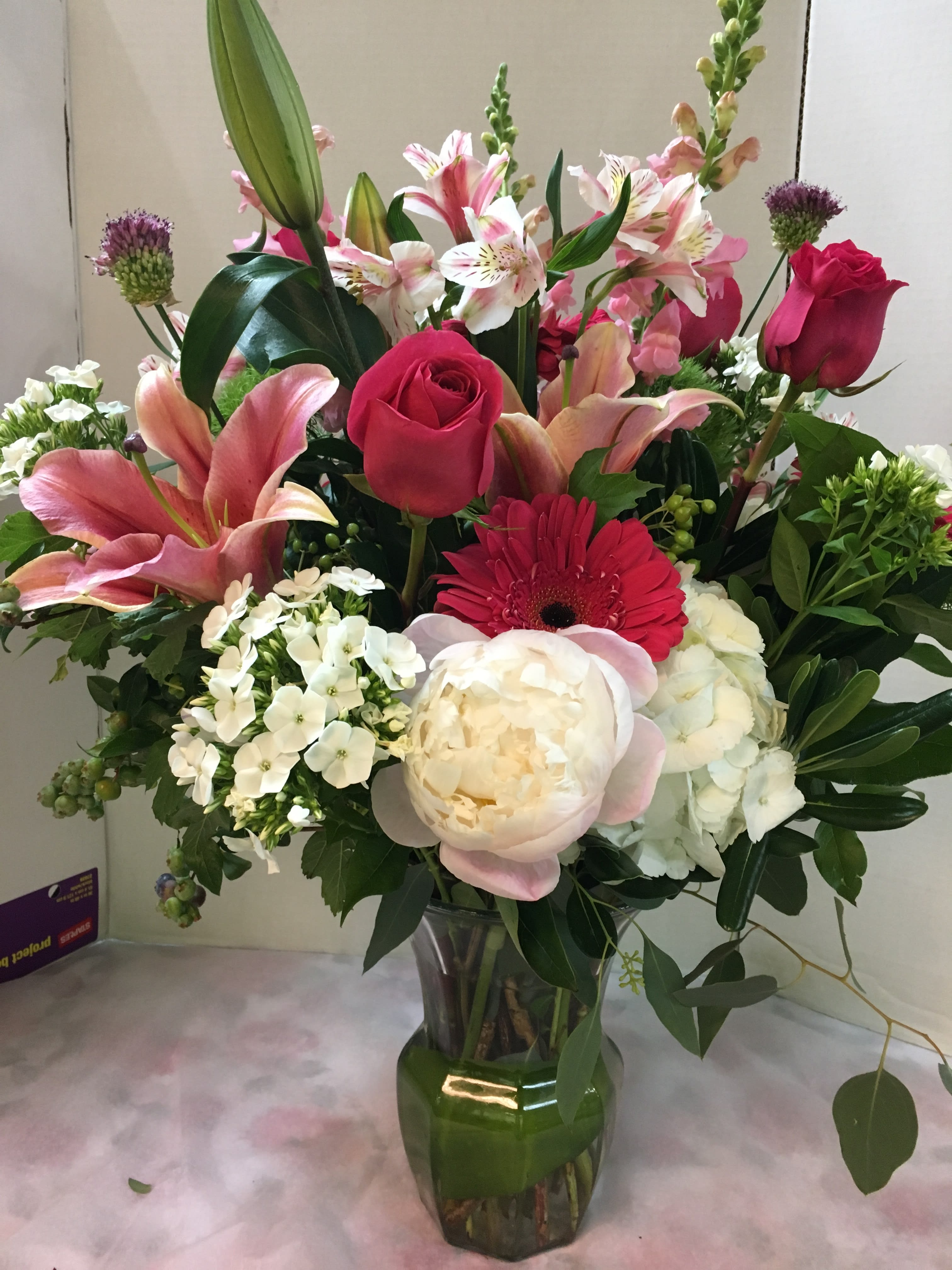 CeleBration !  Peonies are Here. - Roses, Hybrid Lilies,  Gerbera Daisies,  Alstro-meria,  Hydrangea, Light Pink Peonies , Fancy Greens  Peonies have arrived  from Holland.  Short Time