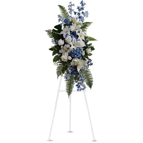 Ocean Breeze Spray Ocean Breeze Spray - Express deep condolences and strong hopes for the future with an elegant tribute that conveys admiration affection and respect. Lovely flowers such as white asiatic lilies and roses blend with blue delphinium and hydrangea set amidst ferns. Approximately 21" W x 39" H