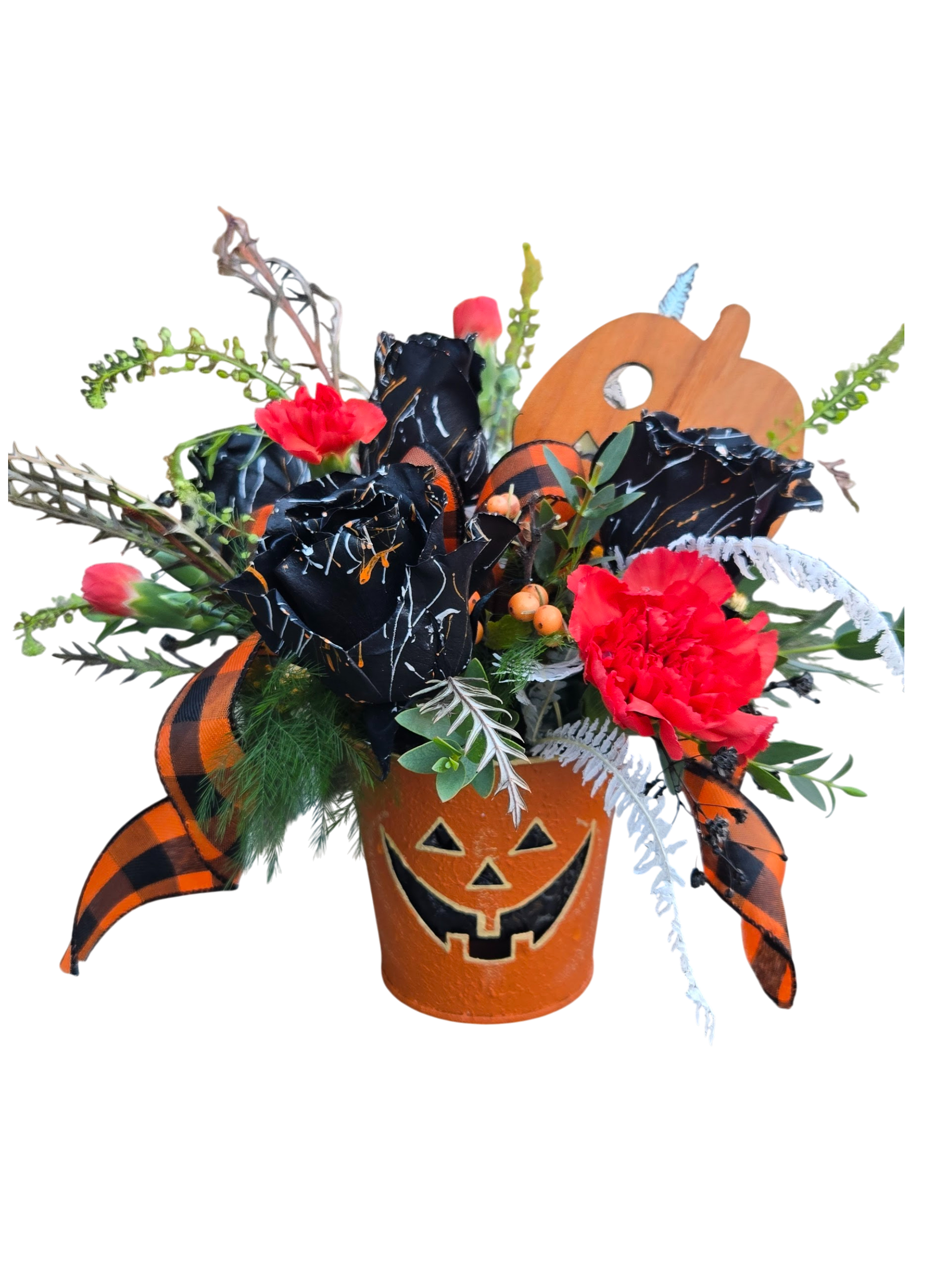 Tricks &amp; Treats Jack-O-Lantern - The perfect Halloween centerpiece , fresh florals and spooky roses come arranged inside a reusable jack-o-lantern tin. 