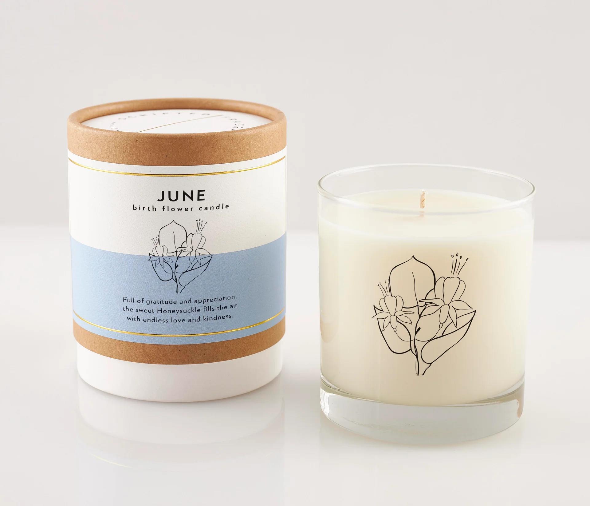 June Birth Month Flower Soy Candle, Honeysuckle Candle - Immerse yourself in the radiant energy of summer with our June Birth Month Flower Soy Candle, a homage to the honeysuckle, the birth flower of June. This candle is designed to celebrate those born in the month of June, embodying the warmth and passion that the season and its people radiate, or to serve as a heartwarming gift for someone special.  Candle details  expand_more Hand poured, 100% soy wax Features a lead-free cotton wick Made with premium fragrance and essential oils Vegan and cruelty-free Free from dyes, additives, preservatives, petroleum, and harmful phthalates Reusable Rocks Glass is hand wash only  