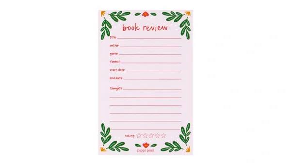 BOOK REVIEW 4x6 NOTEPAD - Elevate your reading experience with our Book Review Notepad! Featuring a delicate floral pattern, this elegant notepad is perfect for avid readers. Each page includes sections to note the title, author, genre, format, start date, end date, and your personal thoughts. This structured layout helps you track your reading journey and share insights with fellow book lovers.