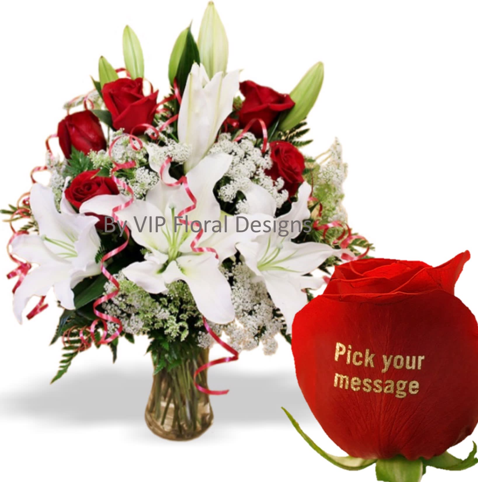 White Lilies and Red Roses with Personalized ROSES - White Lilies and Red Roses arranged in a clear vase with filler and greens. Standard Option: Lilies and 5 Unprinted Roses Deluxe Option: Lilies and 5 Personalized Roses with &quot;I LOVE YOU&quot; message. Premium Option: Lilies and 5 Personalized Roses with your own custom message.  Approx.23&quot;H x 17&quot;W