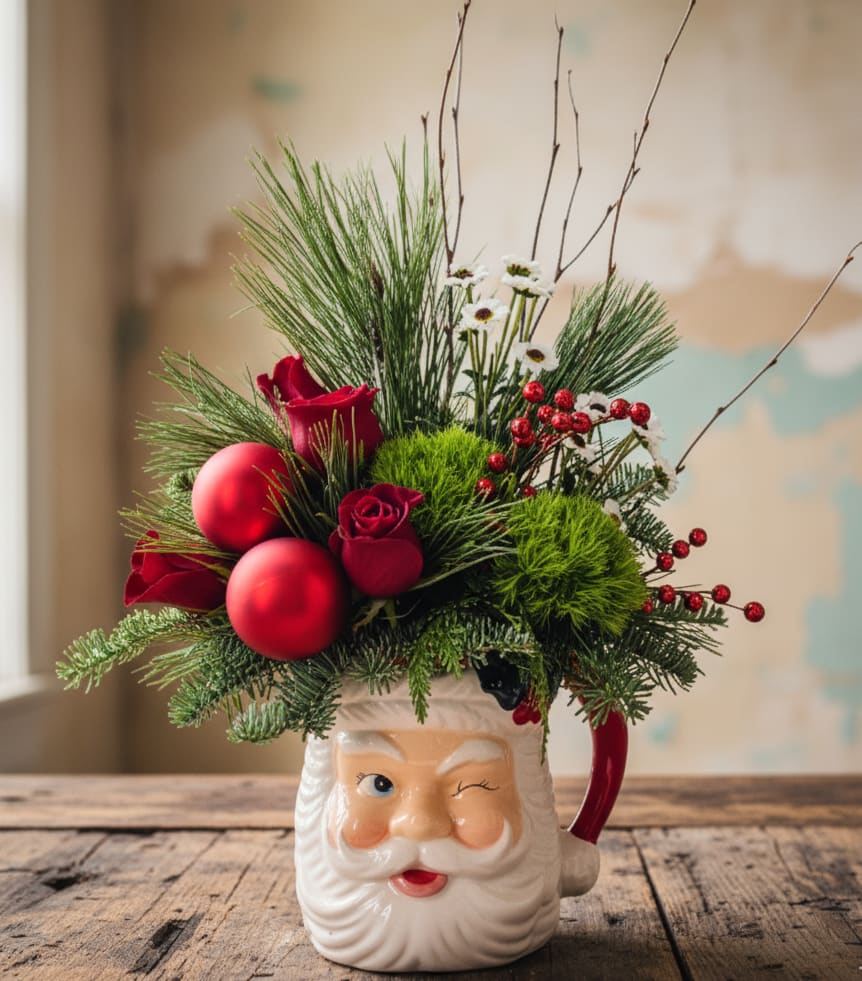 Winking Santa - Specialty Floral Design: Winking Santa Arrangement  Bring the magic of the holidays into your home with our Winking Santa arrangement! This festive piece features an extra-large ceramic Santa mug, brimming with charm and holiday spirit. Designed to capture the essence of Christmas, this arrangement is filled with fragrant winter greens for that fresh, seasonal aroma. We’ve added radiant red roses to mimic Santa’s cheerful cheeks, along with dianthus and whimsical black and white daisies to complete the look.    Perfect for spreading holiday joy, this design is as delightful as Jolly Old Saint Nicholas himself! Whether you want to decorate your home, send Christmas cheer to loved ones, or surprise someone special, the Winking Santa arrangement delivers festive warmth and beauty.    As your local Olympia florist, we specialize in creating one-of-a-kind arrangements tailored to your needs. We offer same-day flower delivery in Olympia, WA, Tumwater, WA, Lacey, WA, and surrounding areas. Order early to ensure availability, and let us help make your holidays extra merry!    Visit our website at www.specialtyfloraldesign.com or call us at 360-688-6608 to order your Christmas flowers today.    The mug measures approximately 8 inches in height, with the overall arrangement standing at 15 inches tall.