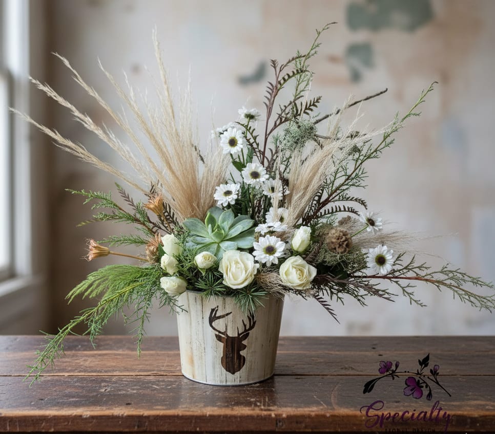 Rustic Christmas  - “Rustic Christmas” is a unique design for those who love Christmas but not necessarily red, white, and green color tones. You may have questions: why did we design this bouquet this way? The answer lies with the container.     I was already set for my Christmas containers collection for 2025, and then I found this container; for some reason, it spoke to me.  I knew I had to buy it and create something in it.  Sometimes creativity doesn’t come easily, and this was the case for this Christmas container.  I stared at this container for a couple of days, wondering what I was going to do with it. All of a sudden, it hit me with pampas grass, and succulents would be really fun for a unique Christmas bouquet.    I don’t always share why or how a design gets on the website, but this one was special, and I knew it had to be shared with my customers.   So let me introduce the “Rustic Christmas” bouquet in the tin can with a deer on the front.  It has Christmas winter greens, Pacific Northwest moss, and sticks with pampas grass.  The flowers are white daisies and white spray roses, and succulents.  We also used some dried flowers to give the bouquet extra texture and an outdoorsy look.  Specialty Floral Design is located in Olympia, WA We deliver to Tumwater, WA, Lacey, WA, and the surrounding areas.  We would love to create a Rustic Christmas for you and deliver it to your friends and family this holiday season.  