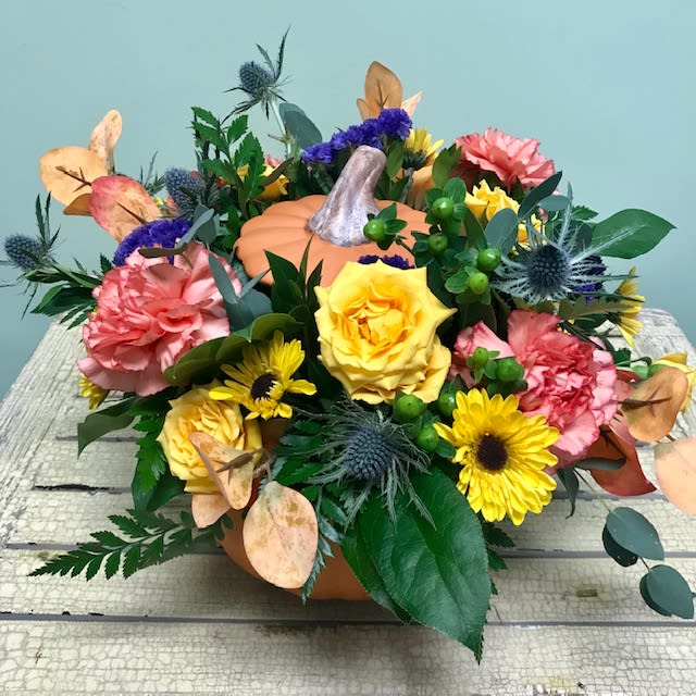 Off The Vine T45 Off The Vine T45 - This pumpkin is sure to please! Send your special someone fall flowers and a keepsake gift with this reusable ceramic pumpkin arrangement. This fun arrangement is fresh as a newly harvested pumpkin off the vine. It will arrive including blue thistle, yellow spray roses, orange carnations, and fresh eucalyptus.