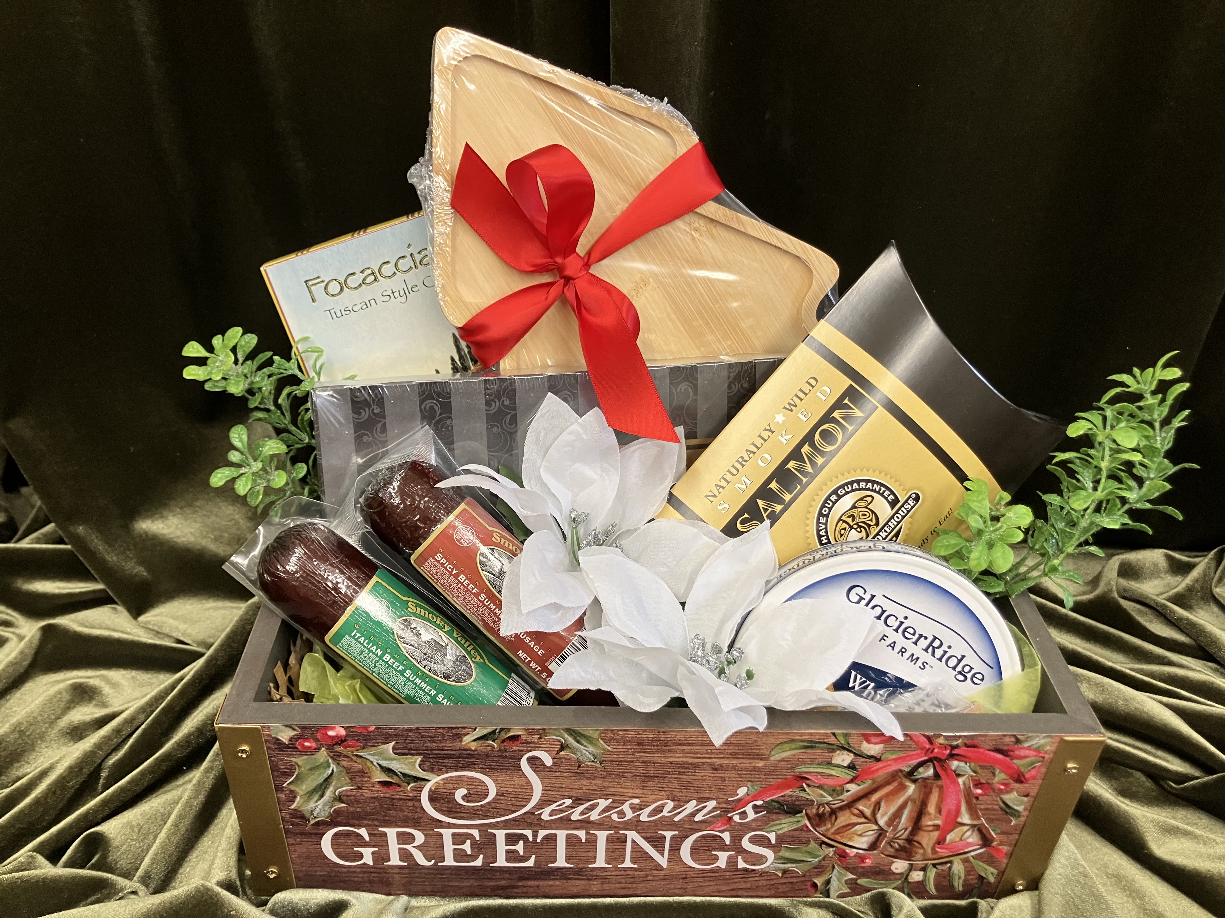 Christmas Charcuterie Box - Send a tasty charcuterie kit for Christmas! Sweets, meat, crackers and cheese, a cheese spreader, tree shaped cutting board, in a beautiful little wooden tray! 