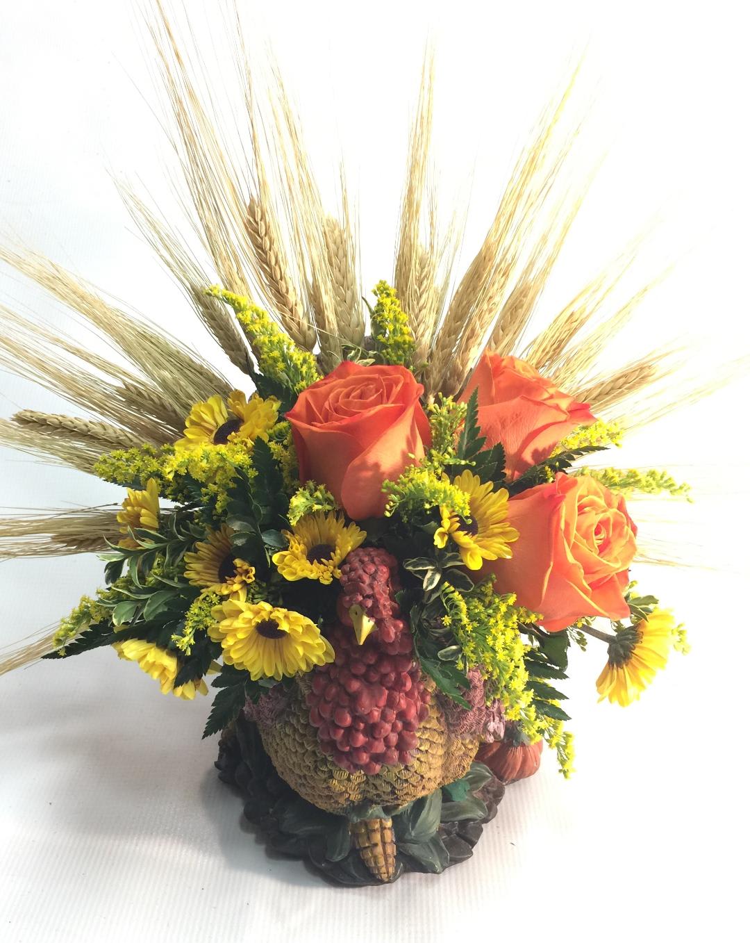 TOM TURKEY BOUQUET  - GOBBLE GOBBLE TOM IS ALL DRESSED AND READY TO GO TO MAKE ANY TABLE FESTIVE  !!!!