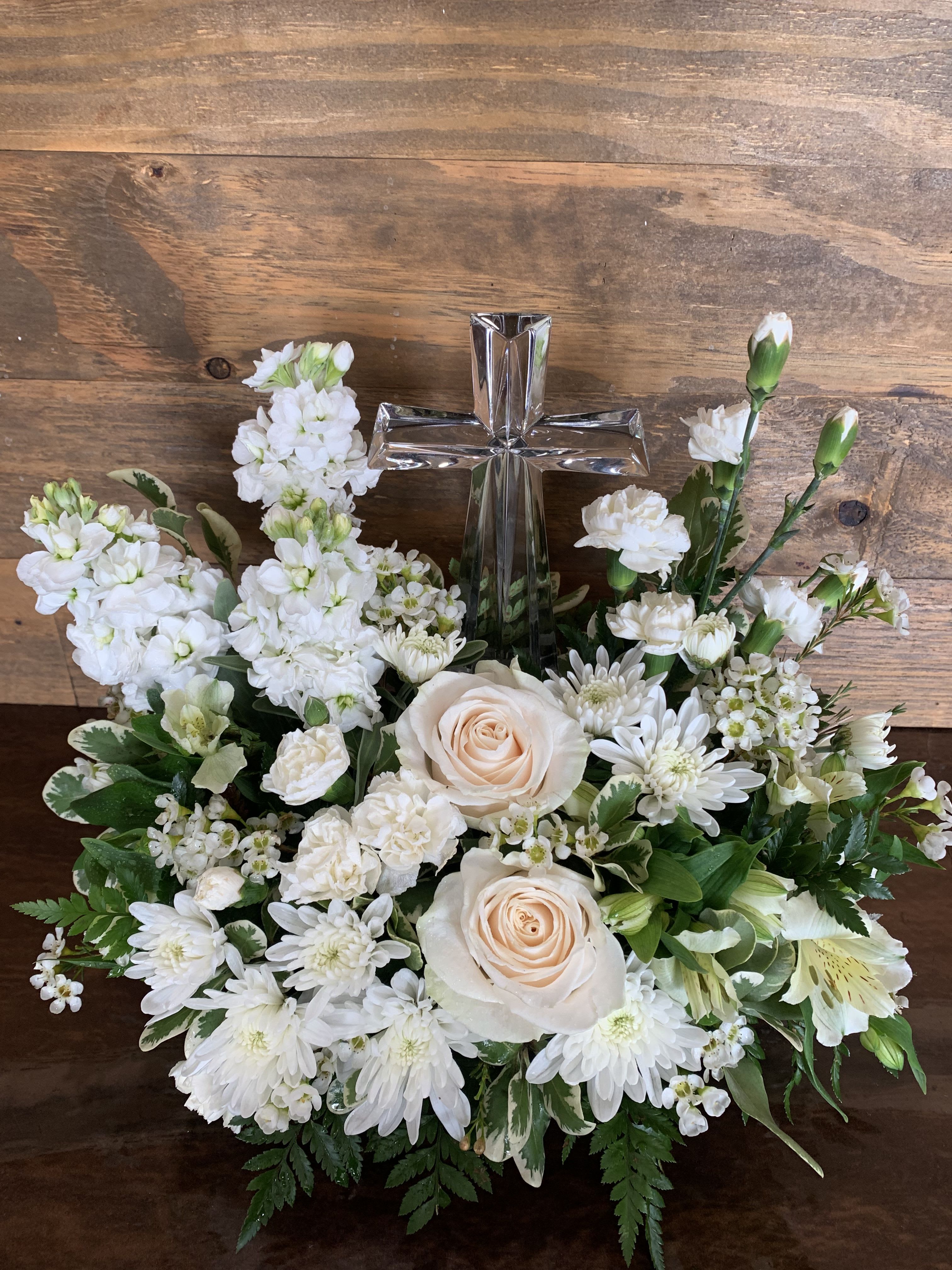 Crystal Cross - Beautiful white bouquet featuring a crystal cross.