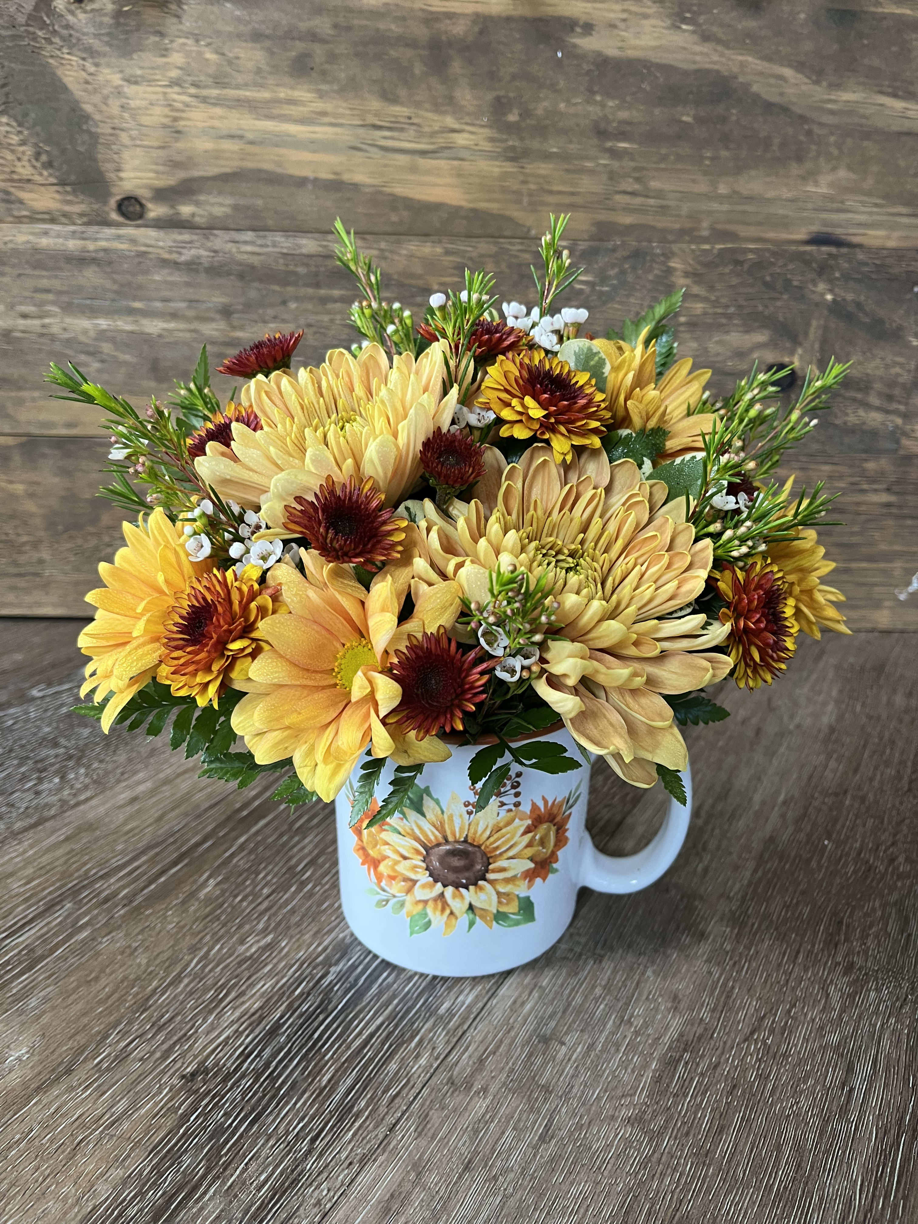 Fall In A Mug - Beautiful arrangement of Fall flowers in a floral mug!