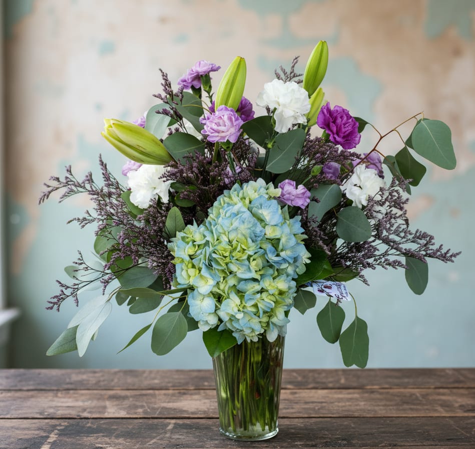 Cotton Candy Sky -  Send a swirl of sweetness and calm with Cotton Candy Sky, a dreamy arrangement designed to brighten the day. Featuring blue hydrangeas, soft lavender daisies and carnations and crisp white carnations, this bouquet brings to mind a serene evening sky filled with soft, cotton-candy clouds. It's perfect for birthdays, get-well wishes, or just because.  Handcrafted by Specialty Floral Design, your local  Tumwater florist, this arrangement is made with care and creativity. Whether you're sending flowers to a loved one across town or adding a gentle pop of color to your own space, Cotton Candy Sky is a refreshing choice.  Flower Delivery in Tumwater, Olympia, and Lacey, WA We proudly offer fast, reliable flower delivery in Tumwater, with extended service to  Olympia, Lacey, and nearby areas. Whether it’s a home, office, or hospital, we’ll deliver your flowers fresh and full of beauty.  Custom Flowers for Every Occasion At Specialty Floral Design, we create one-of-a-kind flower arrangements tailored to your vision. Want to include a favorite bloom or request a special color palette? Just call us at 360-688-6608 or leave a note at checkout. We’re here to bring your ideas to life.   
