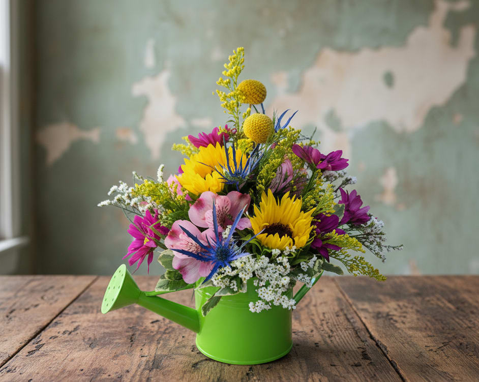 Garden Watering Can - Looking for the perfect way to brighten someone's day? Our &quot;Garden Watering Can&quot; bouquet, available from your local Olympia florist, is a delightful choice for any occasion. Whether you're sending warm wishes for a quick Get Well Soon, celebrating a birthday, or simply want to add a touch of cheer, this bouquet is sure to bring smiles.  This vibrant arrangement features fun yellow sunflowers, complemented by the cheerful yellow solidago and pink alstroemeria. For added texture and a touch of whimsy, we've included blue eryngium and yellow craspedia. It's a joyful combination that radiates warmth and happiness.  Perfect for Any Setting The &quot;Garden Watering Can&quot; bouquet is versatile enough to suit various settings: - Birthday Flowers: Decorate a birthday party or surprise someone at home with this lively arrangement. - Get Well Soon: Brighten up a hospital room and lift the spirits of a loved one. - Office Decor: Its compact size makes it an excellent addition to any desktop, bringing a splash of color and joy to the workday.  Convenient Flower Delivery We offer same-day flower delivery throughout Olympia, WA, and the surrounding Thurston County areas. Searching for &quot;flower delivery near me&quot;? Look no further. You can order securely online or give us a call if you have any questions. Our team is here to help you deliver smiles to your friends and family   Special Note Please note that the colors of the watering cans may vary, adding a unique touch to each bouquet.    