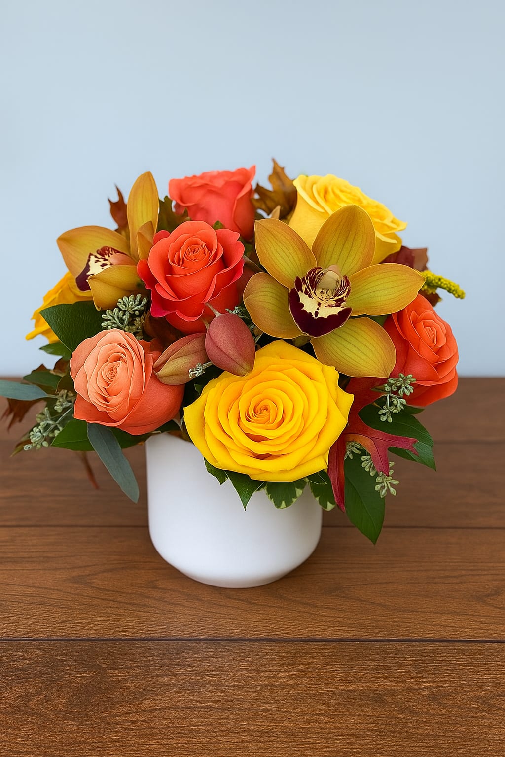 Autumn on Polk Autumn on Polk - Bring the warmth of the season to your home or someone’s day with our Autumn on Polk arrangement. Featuring vibrant yellow and orange roses, rich orchids, and seasonal foliage, this design captures the cozy glow of fall in San Francisco. Each arrangement is handcrafted at our Polk Street flower shop, blending fresh blooms in warm, golden tones that reflect the beauty of the Bay Area’s autumn days. Perfect for thank-you gifts, fall celebrations, or simply brightening any space. Flower varieties and colors may vary slightly based on seasonal availability — but every “Autumn on Polk” is designed to radiate comfort and joy. Available for same-day flower delivery in San Francisco and surrounding neighborhoods.