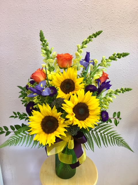 Stay With Me by Forever Flowers - Colorful beautiful bouquet on a green glass vase.