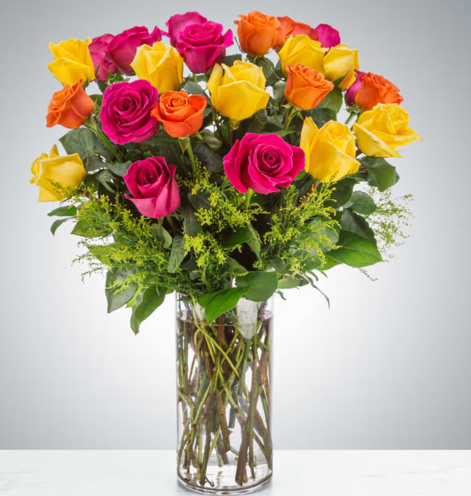 The Sound of Joy by BloomNation™ - Send an explosion of color 28 roses with this long-stemmed rose arrangement perfect for celebrations or showing your appreciation. A great alternative  the  arrangement of multicolored bright roses.  