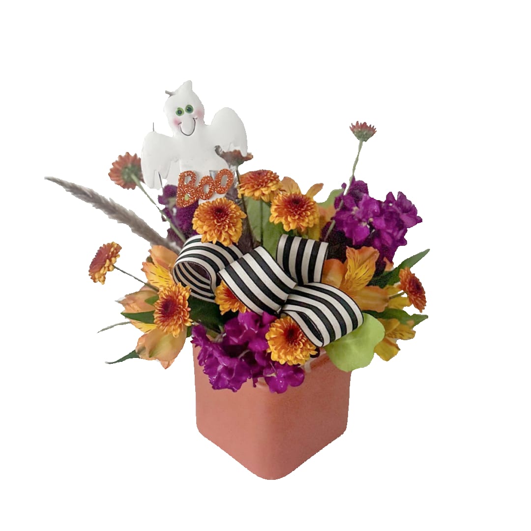 Boo - October is here and it's spooky season!  This flowers arrangement is just what your Halloween lover needs 