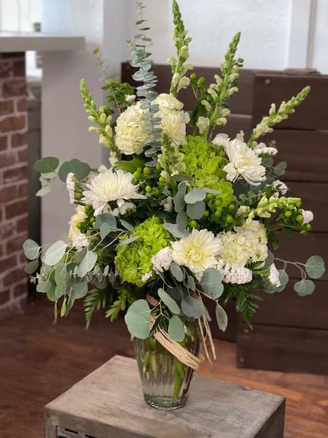  elegant white vase - lilies, snapdragons, larkspur, hydrangea ,roses