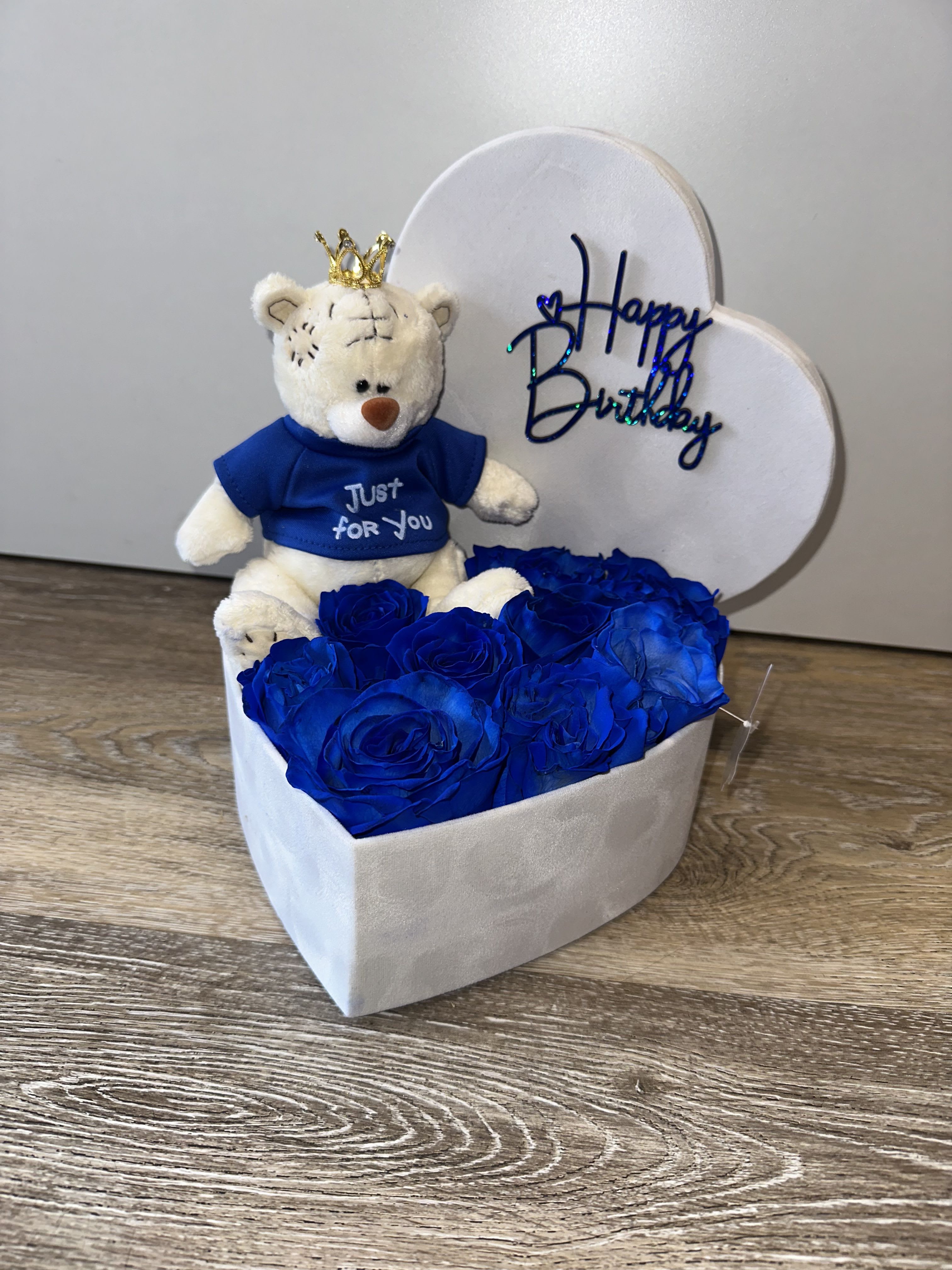 Velvet Heart (small size) with Blue Roses, Teddy Bear - BOX WITH NATURAL BLUE ROSES,