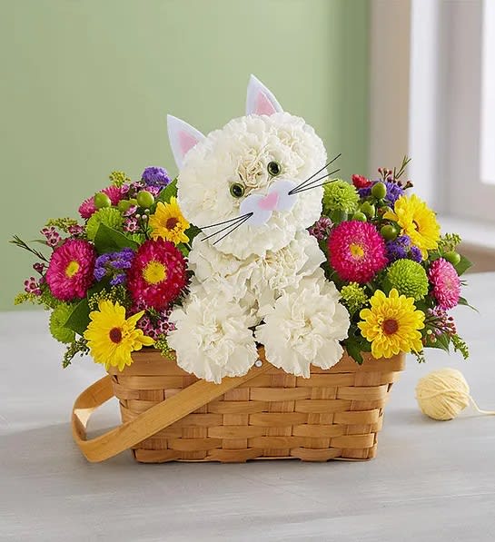 Fabulous Feline - The cat’s out of the bag! Inspired by the success of our best-selling a-DOG-able® collection, we’ve created the purr-fect surprise for feline lovers of all ages. Crafted from white carnations and a mix of colorful blooms inside a charming handled basket, this truly original kitten earns every “aww” it gets