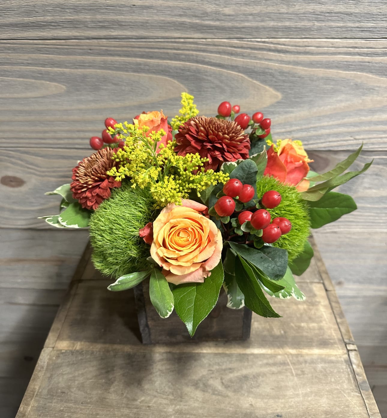  Apple Crisp - A cute arrangement of bright fall flowers in a wooden box, perfect as a gift, for a small table or as a set of 2 or 3!