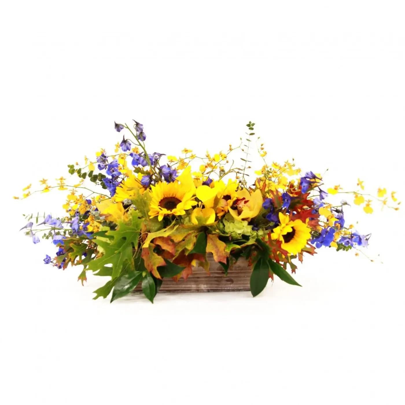 warmth falling leaves centerpiece  - long low centerpiece featuring sunflowers, bella donna, yellow oncidium orchids
