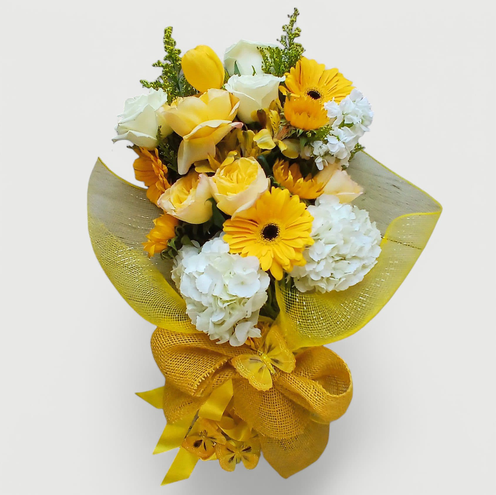 Yellow Fashion Bouquet Designer's Choice - Roses orchids and so much more arranged as a presentation style bouquet wrapped in paper with long flowing ribbons. Gorgeous and perfect to present to them to show them how much you care. All of my bouquets are always made extra special.