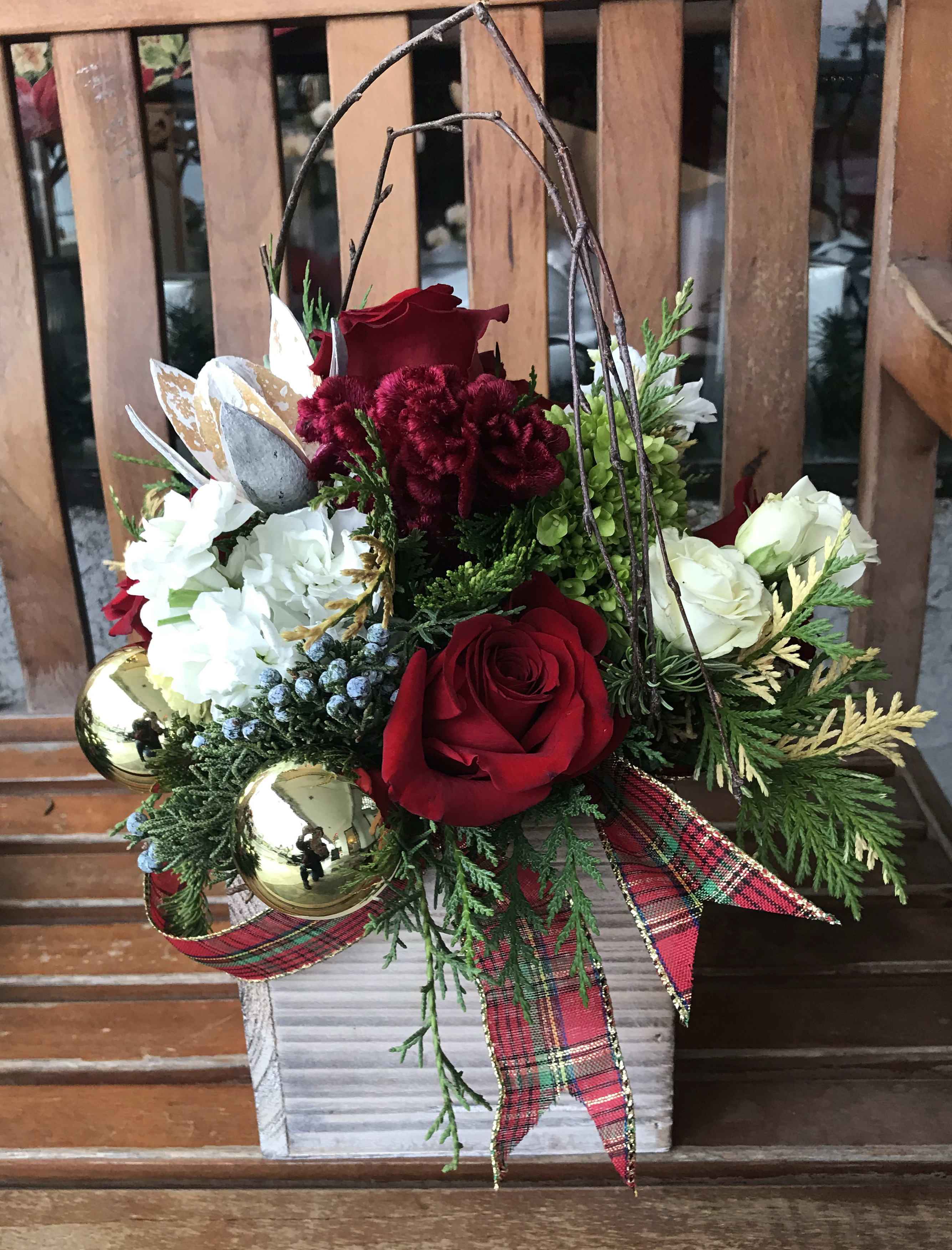 Rustic Holiday - 4x4 wood box with Seasonal holiday flowers, pine and ornaments in this charming rustic box. Send cheer for the holidays with this lovely, festive gift!