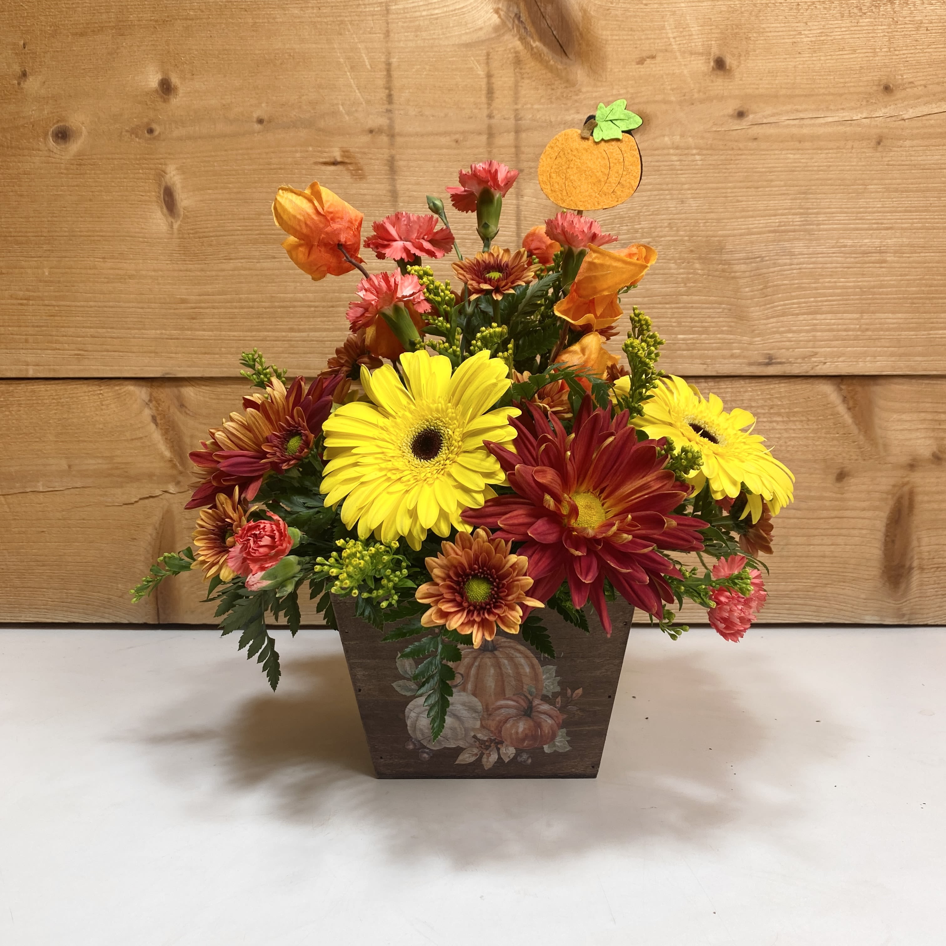 Rustic Harvest - Rustic Harvest is a delightful arrangement with gerbera daisies, mini carnations, and daisies in a rustic wooden box featuring artwork of a pumpkin patch, and adorned with silk Chinese lanterns and a pumpkin pick. This arrangement is the perfect way to give thanks this Thanksgiving season, or so you can host your own dinner in style!  Approx. 12&quot;x15&quot;
