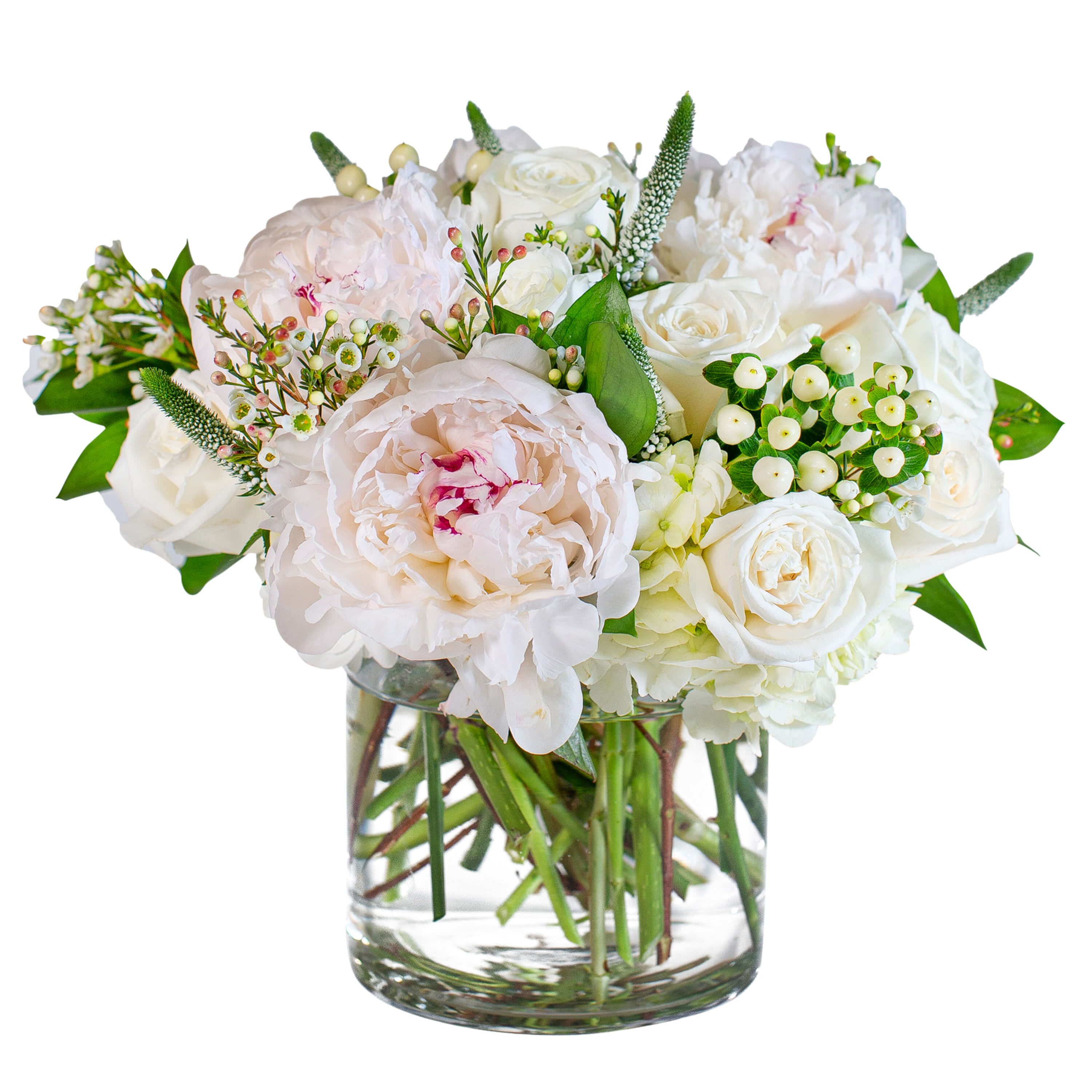 Aspen - Calm and refreshing. Aspen with remind them of cool mornings and fresh air. Peonies and Roses fill this clear cylinder vase.    Approximately 13&quot;W X 13&quot;H
