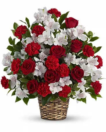 Beauty and Devotion Bouquet - Strength, spirit, enduring hope and dignity are all on brilliant display in this striking red and white arrangement. Your life-affirming thoughtfulness will be much appreciated.