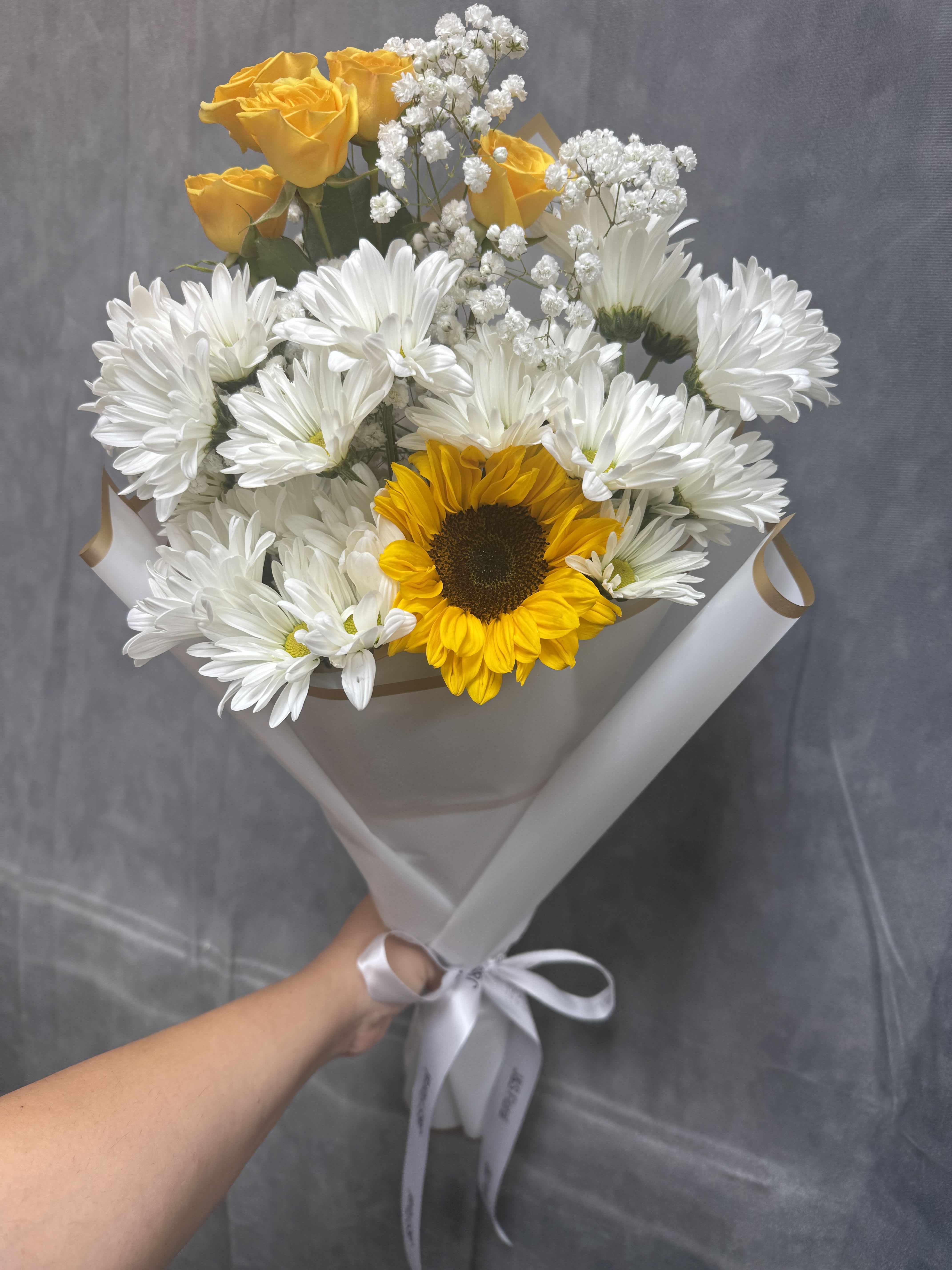 Sunflower Smile Bouquet  - A cheerful hand-tied bouquet of bright sunflowers and sweet white daisies — simple, sunny, and full of joy.