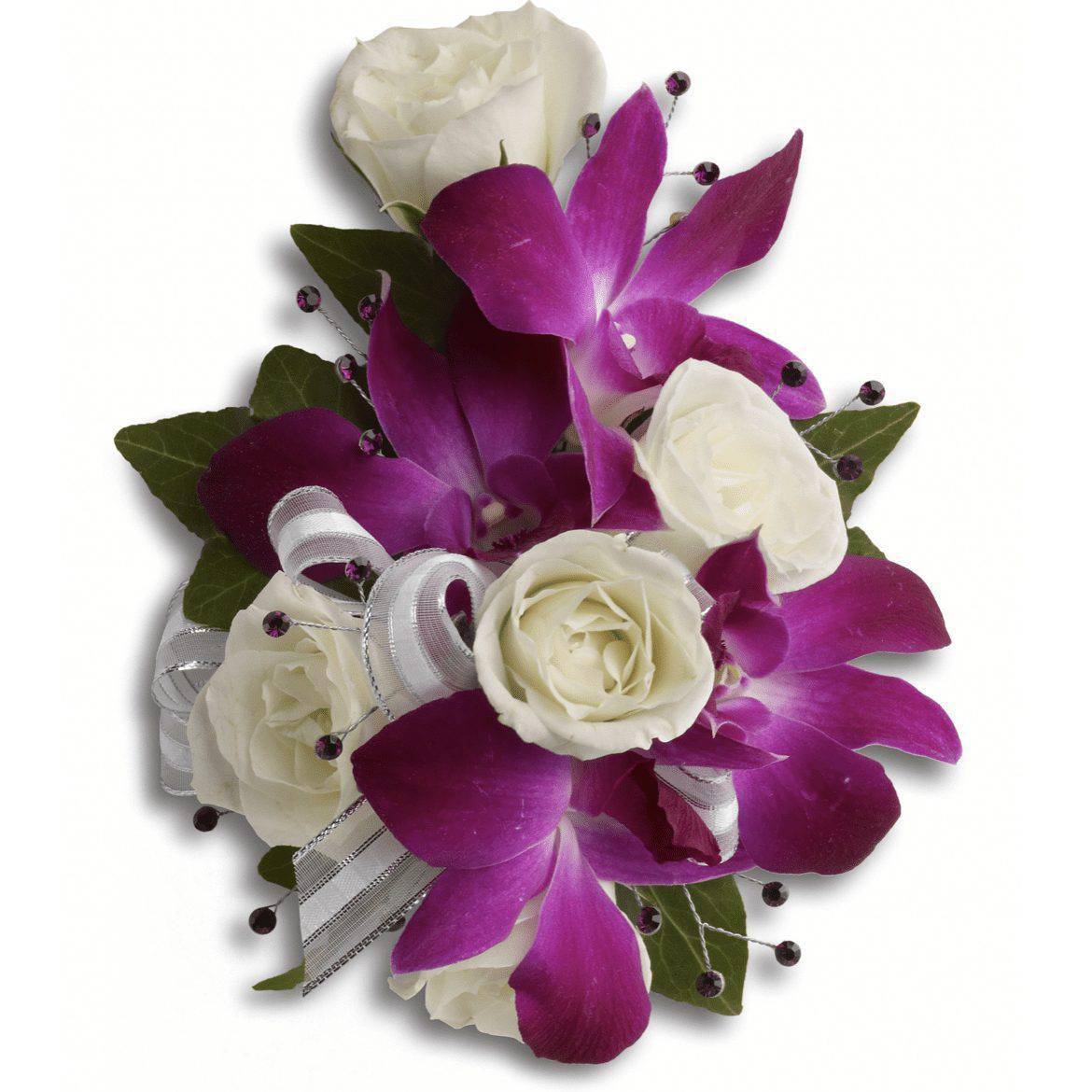 Fancy Orchids &amp; Roses Corsage - The Fancy Orchids &amp; Roses Corsage presents a fabulous fuchsia and white blooms with the subtle sparkle of rhinestones. Handcrafted with care and attention to detail, this orchid and rose corsage is a unique and memorable accessory that is sure to make a statement. Make your occasion unforgettable with this exquisite floral creation.  A fantastic contrast of purple dendrobium orchids with white spray roses on a pearl wristlet. Approximately 5&quot; W x 6 1/4&quot; H