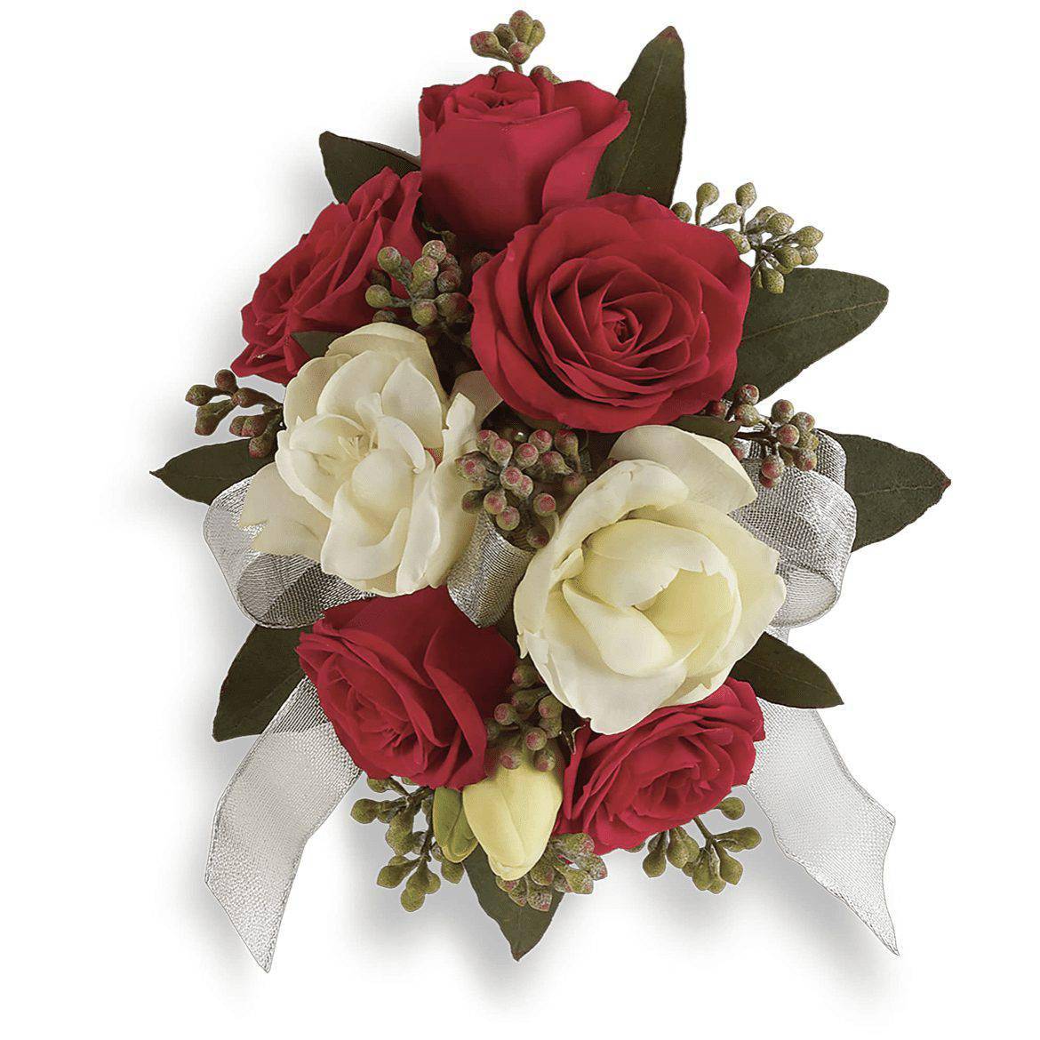 Oh La La Lovely Corsage - Introducing the Oh La La Lovely Corsage by DGM Flowers | Fort Lauderdale Florist. This gorgeous floral wrist corsage is the perfect accessory for any special occasion. The Oh La La Lovely Corsage adds a festive touch to any event with this crimson corsage of radiant roses and fragrant white freesia, trimmed with delicate ribbon.  This bold corsage features red spray roses, white freesia, and seeded eucalyptus. Approximately 5 1/4&quot; W x 5 3/4&quot; H