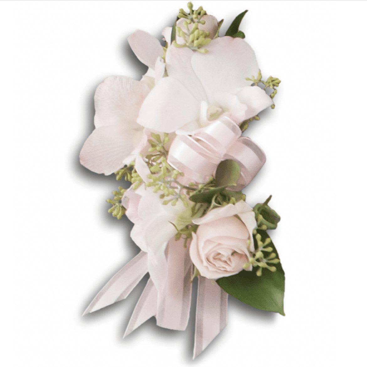 Beautiful Blush Corsage - Beautiful Blush Corsage made of pale pink rose and dendrobium orchid highlight your beauty.  Dimensions: Approx. 4 W x 6 1/4 H