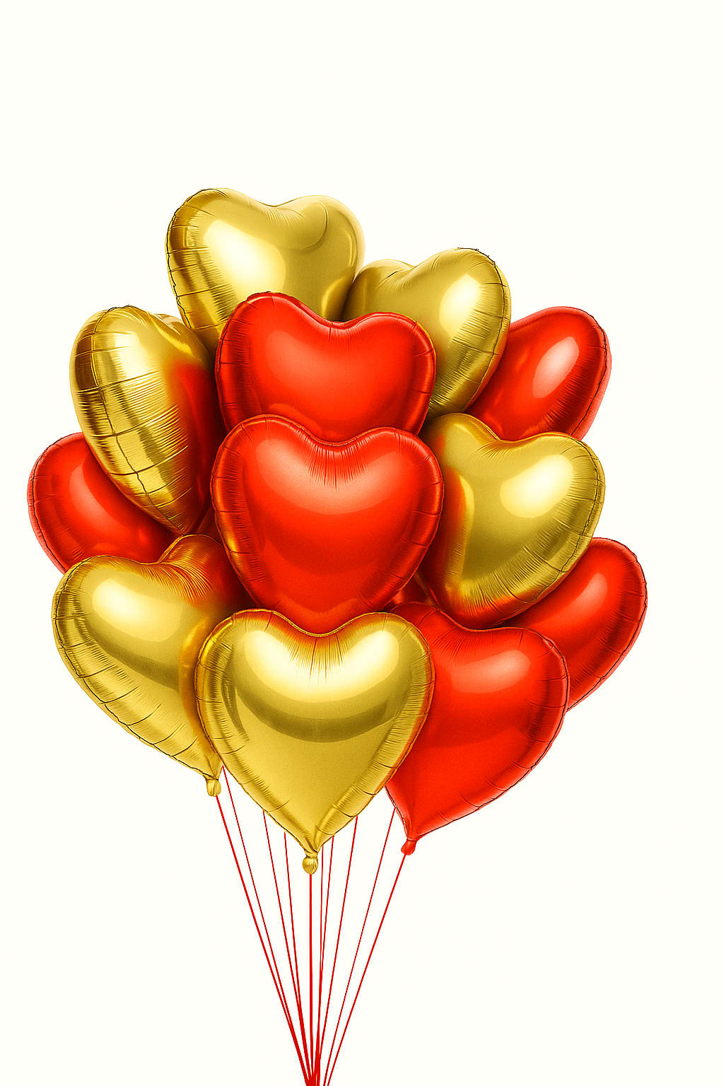 Red/ Gold Hearts Balloon Arrangement - A stunning bouquet of gold and red heart-shaped foil balloons, featuring a radiant metallic finish that reflects light beautifully. Perfect for romantic occasions, anniversaries, Valentine’s Day, or luxury-themed celebrations, this elegant mix of colors adds warmth and sophistication to any event.