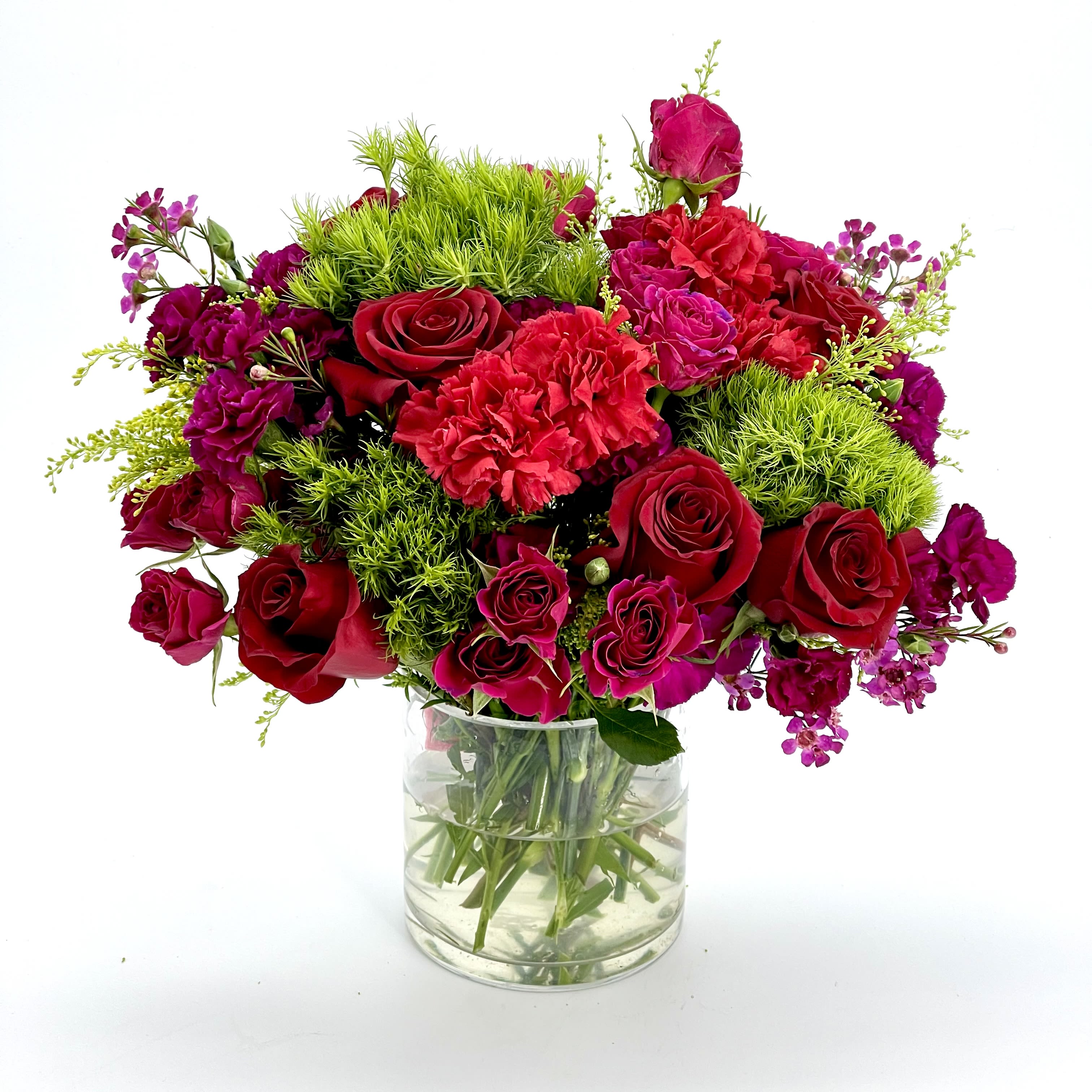 Brighten Your Day Bouquet - Brighten someone's day with this beautiful and elegant bouquet of red and hot pink Roses, Carnations and mini Roses with accent Mums in a glass cylinder vase.