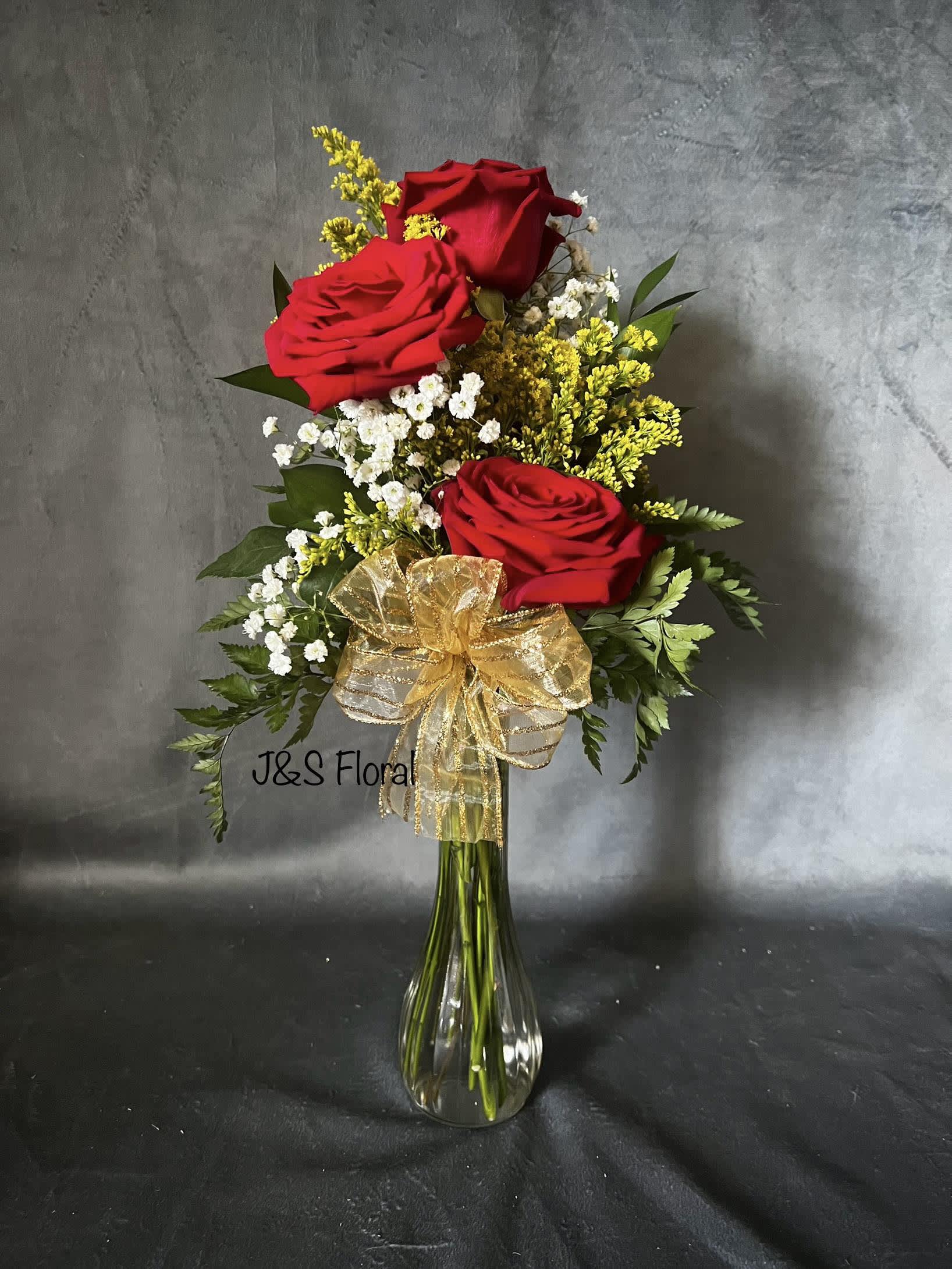 Red Rosy Trio Vase - Introducing Our Design Red Rosy Trio Vase beautifully arranged with 3 Premium Roses to say I love you or celebrate your loved ones!  