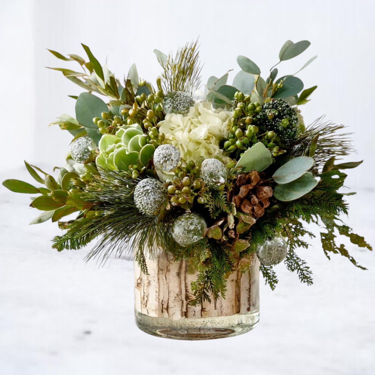 Winter Birch Holiday Arrangement - Bring the calm beauty of winter indoors our Winter Birch Holiday Arrangement — a serene blend of white hydrangea, soft evergreens, eucalyptus, and natural pinecones accented with frosted silver ornaments. Designed in a birch lined glass vase, this arrangement evokes the peaceful elegance of a snow-dusted forest.  Perfect for gifting or holiday décor, this Winter Birch Holiday Arrangement balances warmth and refinement, making it an effortless addition to any winter table or mantle.  Perfect For: Winter celebrations, holiday décor, or as a thoughtful seasonal gift.